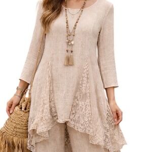 Calstyle Women Beige Cotton Lace Tunic Top Boho Handkerchief Hem Lagenlook M